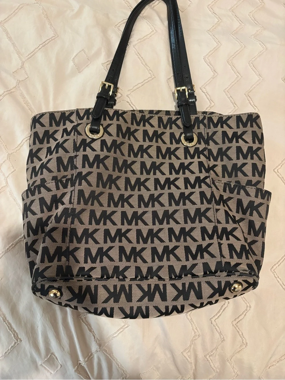 Michael Kors Tan and Black MK Logo Tote with Black Handles
